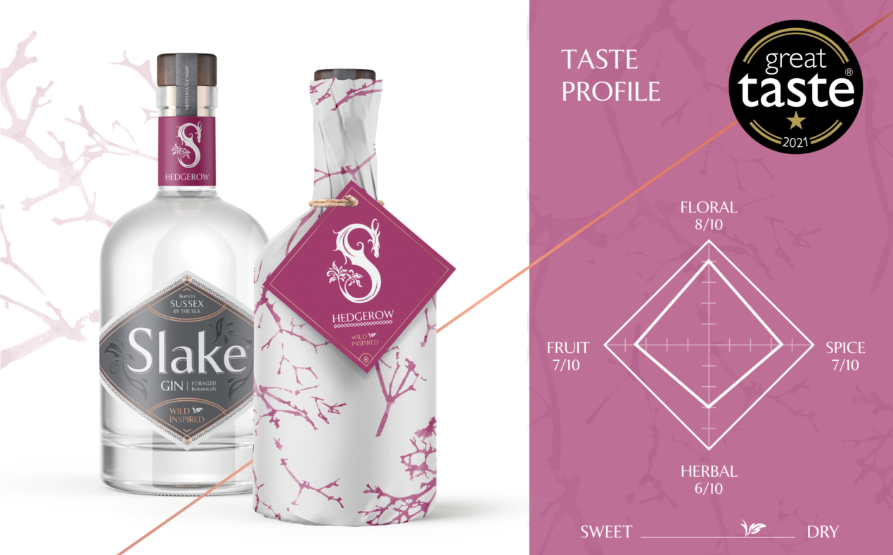 Slake Spirits Hedgerow Gin and flavour profile diamond Floral 8/10 Spice 7/10 Herbal 6/10 Fruit 7/10 1 star Great Taste Award 2021 Slake Spirits Hedgerow Gin and flavour profile diamond Floral 8/10 Spice 7/10 Herbal 6/10 Fruit 7/10 1 star Great Taste Award 2021